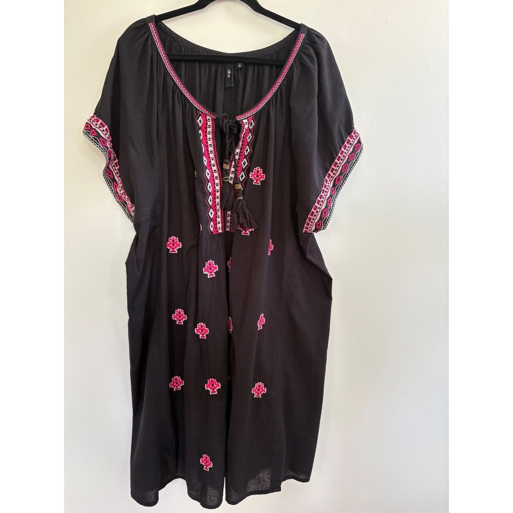 Ellos Womens Black Embroidered Kaftan Boho Tassel Dress Pink White 26/28